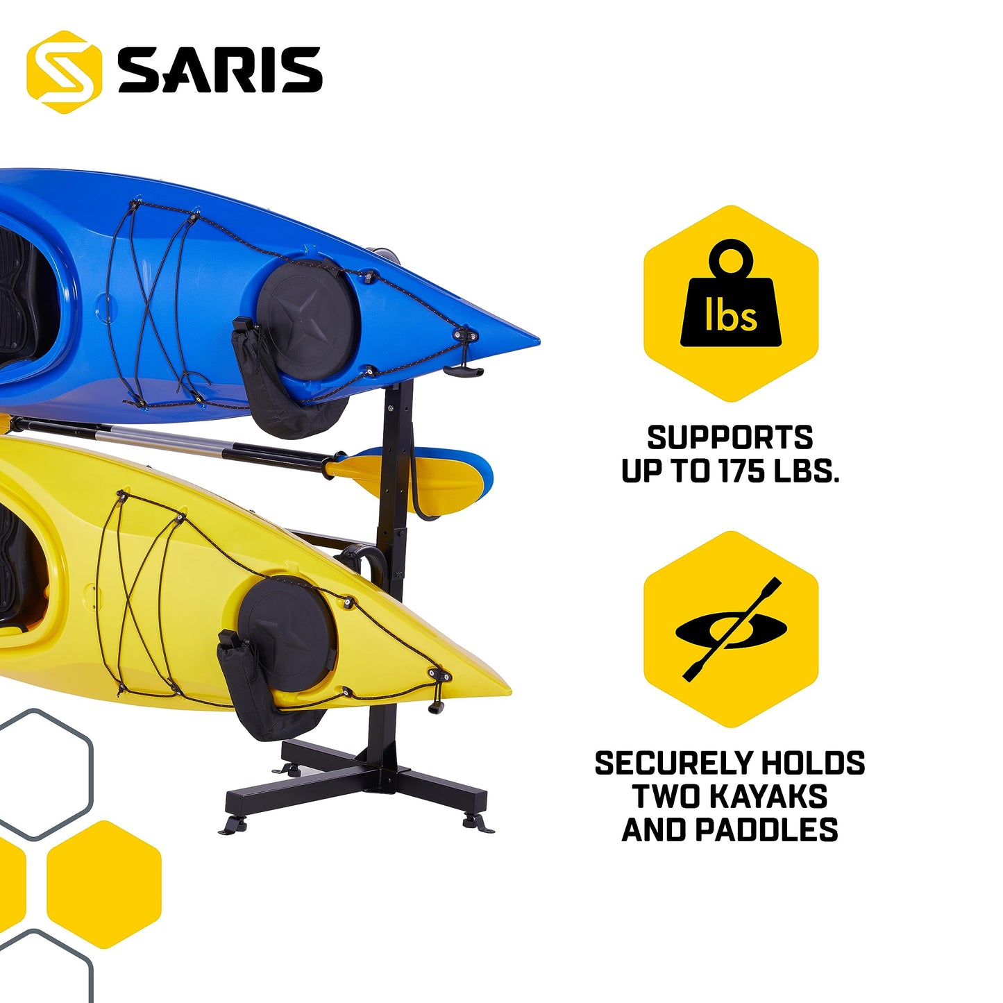 Saris Kayak Storage Rack, Heavy Duty Freestanding Storage for Two-Kayak, SUP, Canoe & Paddleboard for Indoor, Outdoor, Garage, Shed, or Dock, Adjustable Levels