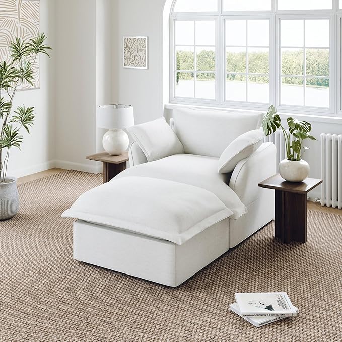 Lopzeho 48” Oversized Chaise Lounge Chair, Modular Sectional Sofa, Down Fill Cloud Couch with Washable Cover, Single Seater with Ottoman, Sectional Couches for Living Room Apartments, Cream White