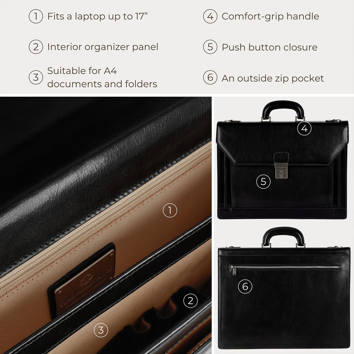Time Resistance Leather Briefcase - Italian Handmade Laptop Bag - Work Bag for Men and Women - Attache - Computer Bag