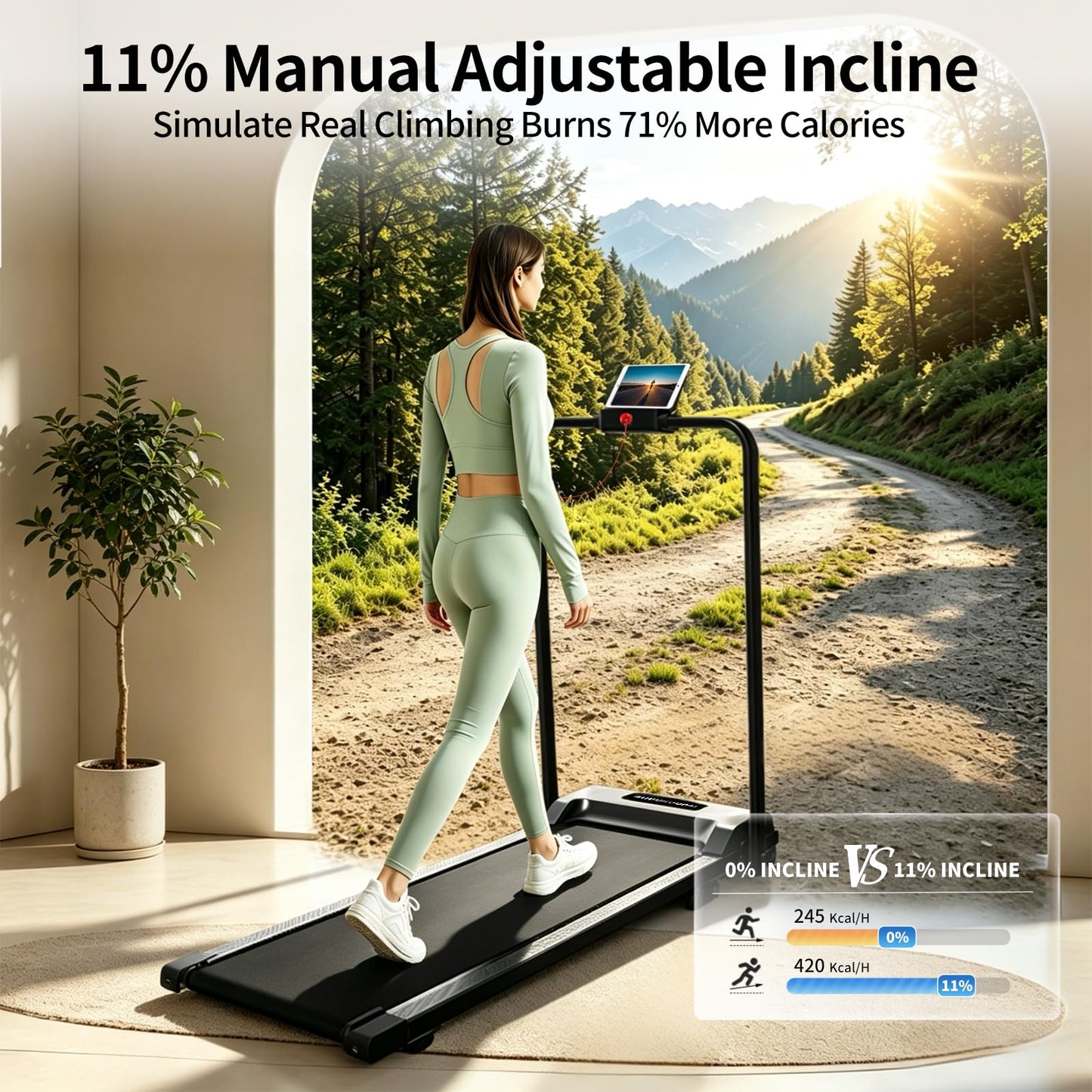 Walking Pad Treadmill for Home, with Handle Bar and Adjustable Incline, Quiet Anti-Slip Portable Foldable Under Desk Treadmill, LED Monitor & Safety Key, 40"x16" Spacious Running Belt