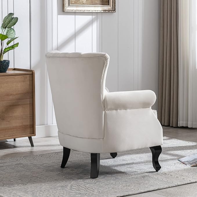 DM Furniture Mid Century Accent Chair Modern Tufted Wingback Armchairs Club Chair Velvet Fabric Single Sofa Reading Chair with Pillow for Living Room, Cream