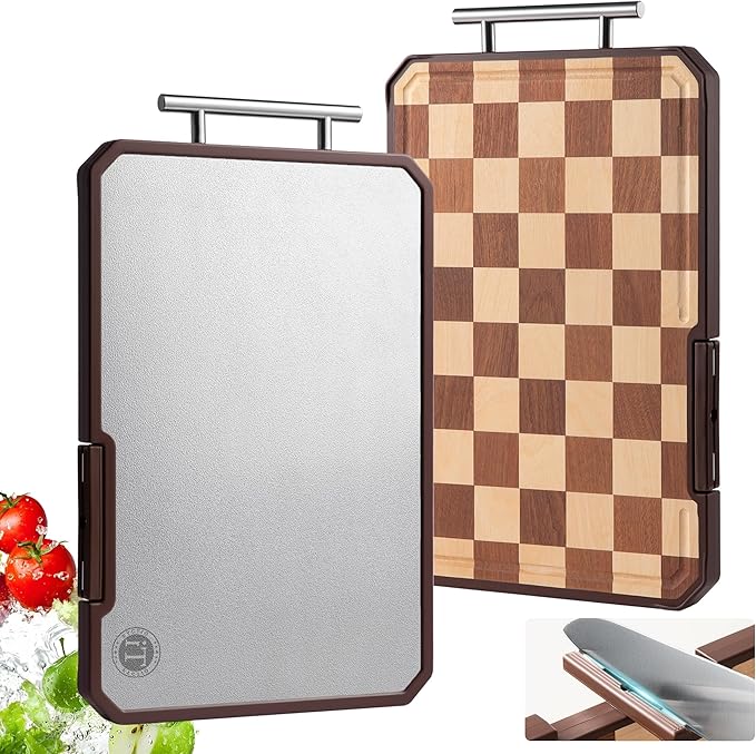Titanium Cutting Board with Knife Sharpener, Pure Titanium & Acacia Wood Cutting Boards for Kitchen, Double Sided Checkerb...