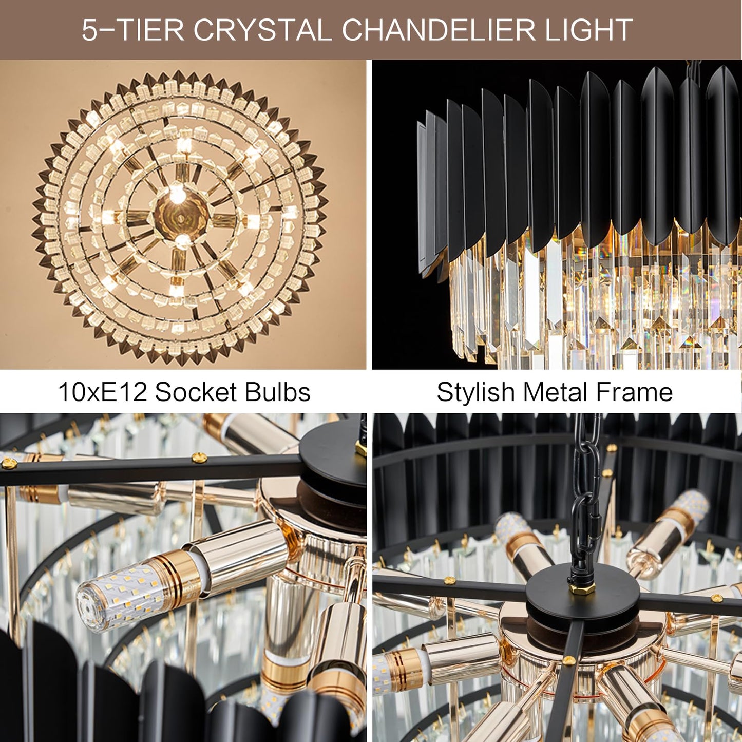 YOLIZUOT Black Crystal Chandelier 24'' K9 Crystal Round Pendant Lights Adjustable 5-Tier Large Modern Crystal Chandelier Light 10-Lights for Dining Room Living Room Kitchen Foyer Entryway