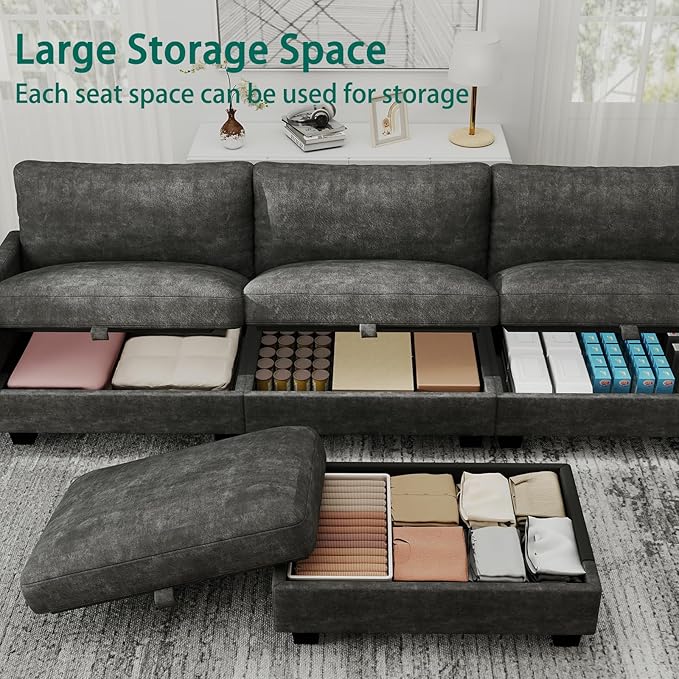 OhaiAura Modular Sectional L Shaped Sofa Couches for Living Room, Cloud Couch with Storage Ottoman, Comfy Chenille Sofa with Pillow, Dark Gray