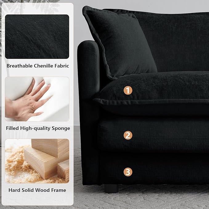 mikibama Luxury Loveseat Sofa Couch, 76" Modern Chenille Deep 2-Seater Cloud Couch with 2 Armrest Pillows and 2 Toss Pillows, Love Seat for Living Room Bedroom Office Apartment, Black