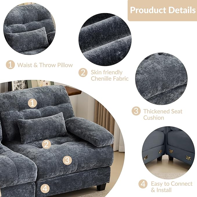 GRAINLLE 119'' Modular Sectional Cloud Couch with 2 Ottoman,Deep Seat Sleeper Sofa U Shaped Sectional Couch,Convertible Upholstered Comfy Chenille Sectional Sofa for Living Room,Bedroom(Blue)