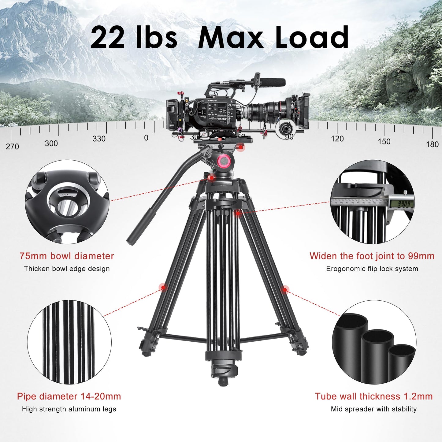 Miliboo Mtt601A Professional Camera Video Tripod With Fluid Head, Center Spreader And Qr Plate, Aluminum, 27.6-59.5 Inches Worki