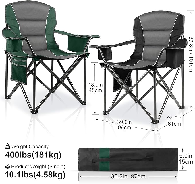 LANMOUNTAIN 2 Pack Padded Oversized Camping Chairs for Adults,Heavy Duty Support 400 Lbs,Folding Portable Lawn Chair w/Cup Holder,Cooler Bag,Side Pocket,Perfect for Outdoor Picnic,Hiking(Black&Green)