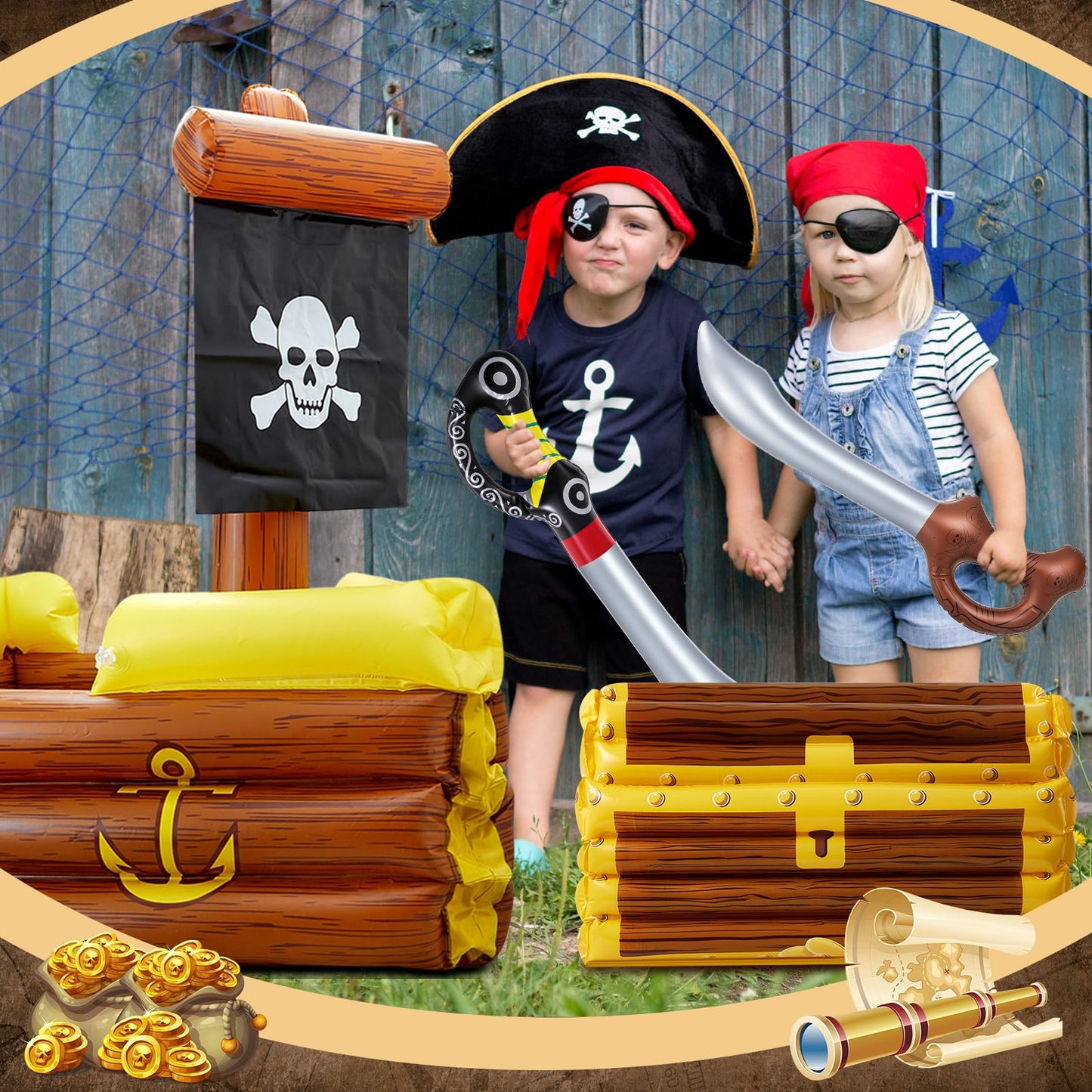 Cunhill 14 Pcs Pirate Party Set Birthday Pirate Party Decoration 1 Pc Funny Inflatable Pirate Ship Drink Cooler 1Pc Blow up Treasure Chest 12 Pcs Kid Sword for Supplies Beverage Serving Container Pool