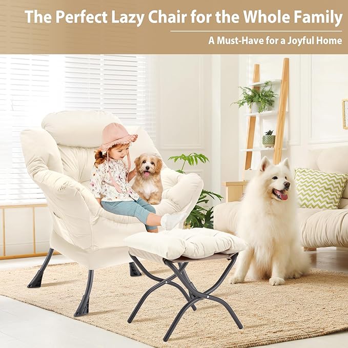 Youtanic Lazy Chair with Folding Ottoman, Accent Chair Velvet Upholstered with Metal Structure and Non-Slip Pads, Sofa Armchair with Footrest and Side Storage Bag for Dorm, Room, Office, Beige