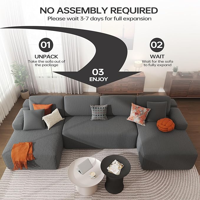 DURASPACE 126.2'' U Shaped Modular Sectional Sofa Couch Convertible 4-Seater Boneless Couches for Living Room (Gray)