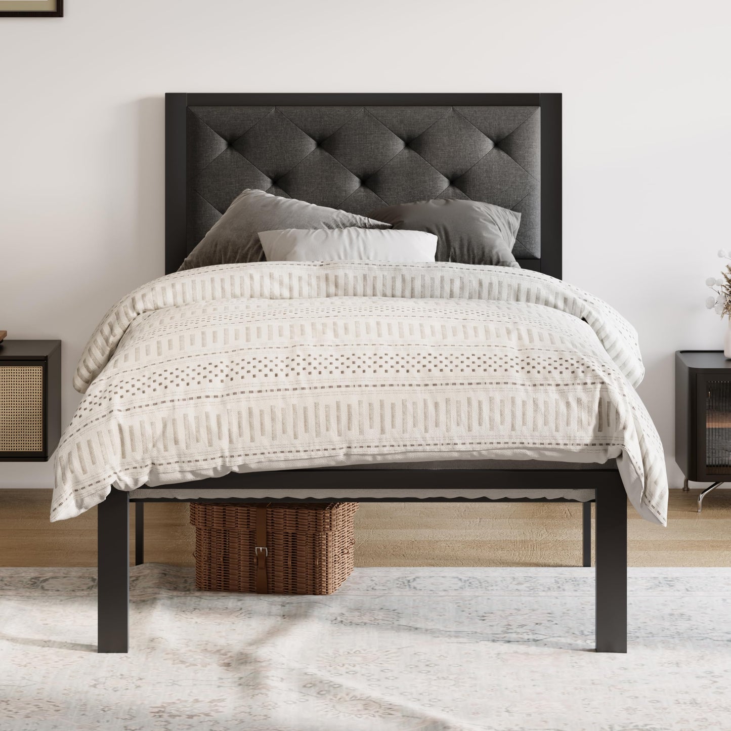 Allewie Twin Bed Frame with Upholstered Headboard, Chic Diamond Stitched Tufted Design, No Box Spring Needed, Dark Grey