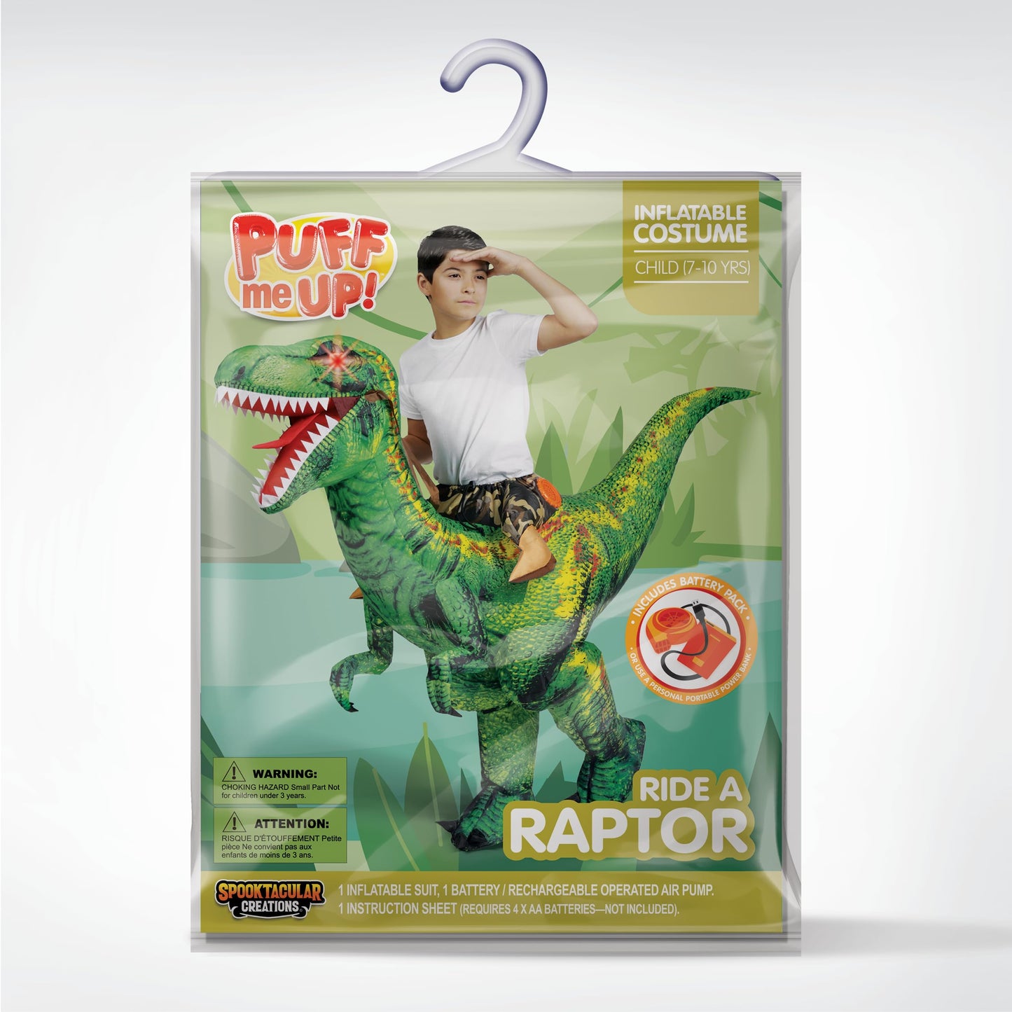 Spooktacular Creations Kids Halloween Inflatable Costume, LED Light Eyes Dinosaur, Ride on Blow Up Dragon Costume, Digital Printing T-Rex for Halloween Dress Up Party, M