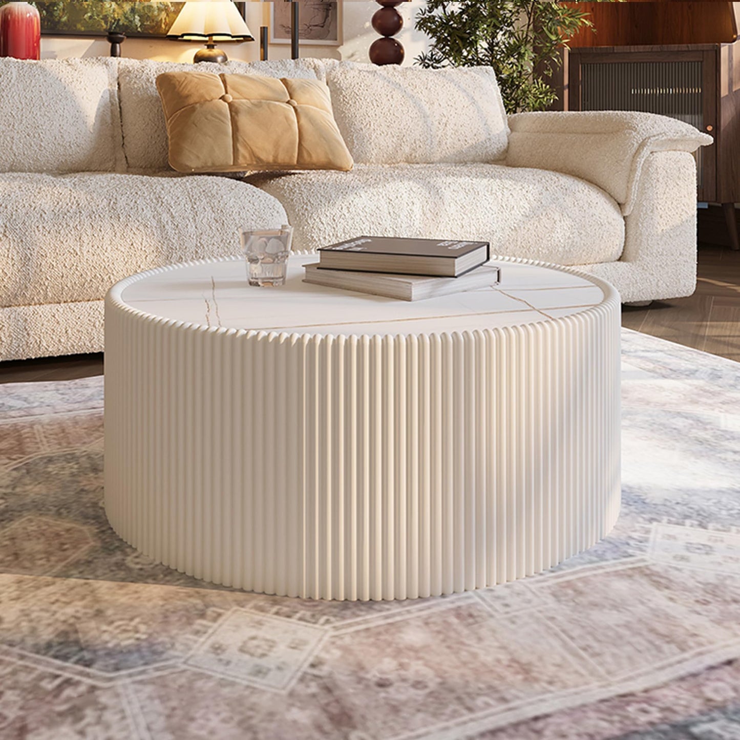 GDFStudio Modern Round Coffee Table, Luxury Sintered Stone Top Circle Coffee Table with PU Leather Drum Base, Creative Shape Small Tables for Living Room Side Tables, Fully Assembled, Milk White-Large