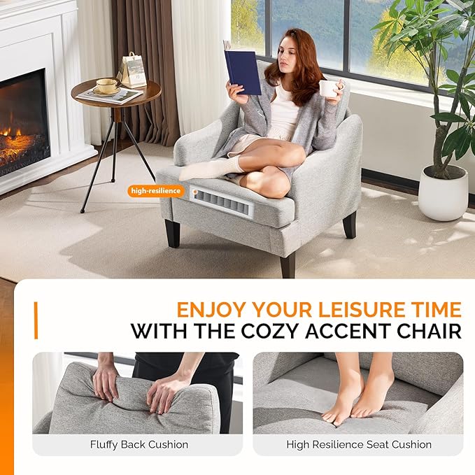 VINGLI Linen Fabric Accent Chair Grey, Modern Upholstered Armchair, Comfy Sofa Chair Living Room Bedroom Furniture for Apartment