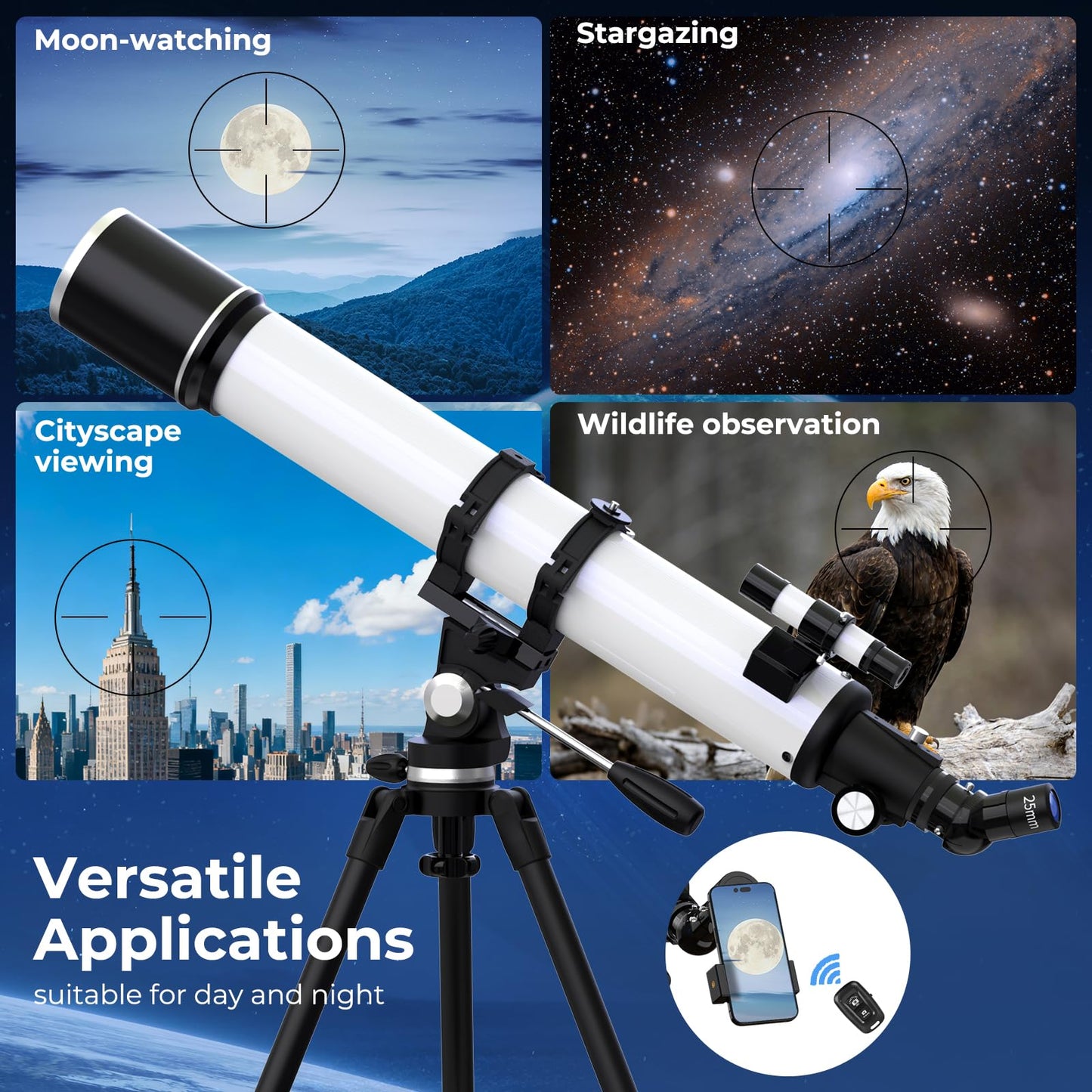 FAMIROSA Telescope for Adults High Powered, 90mm Aperture (36X-270X) 900mm Focal Length Refractor Astronomy Telescopes for Planets and Stars, Professional Telescopio with Bag, Phone Adapter, Tripod