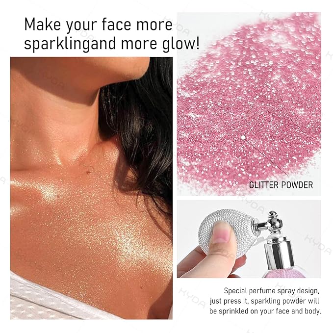 KYDA Highlighter Powder Spray, High Glossy Shimmer Sparkling Powder for Face and Body Glitter Makeup, Body Glitter Spray, Purple