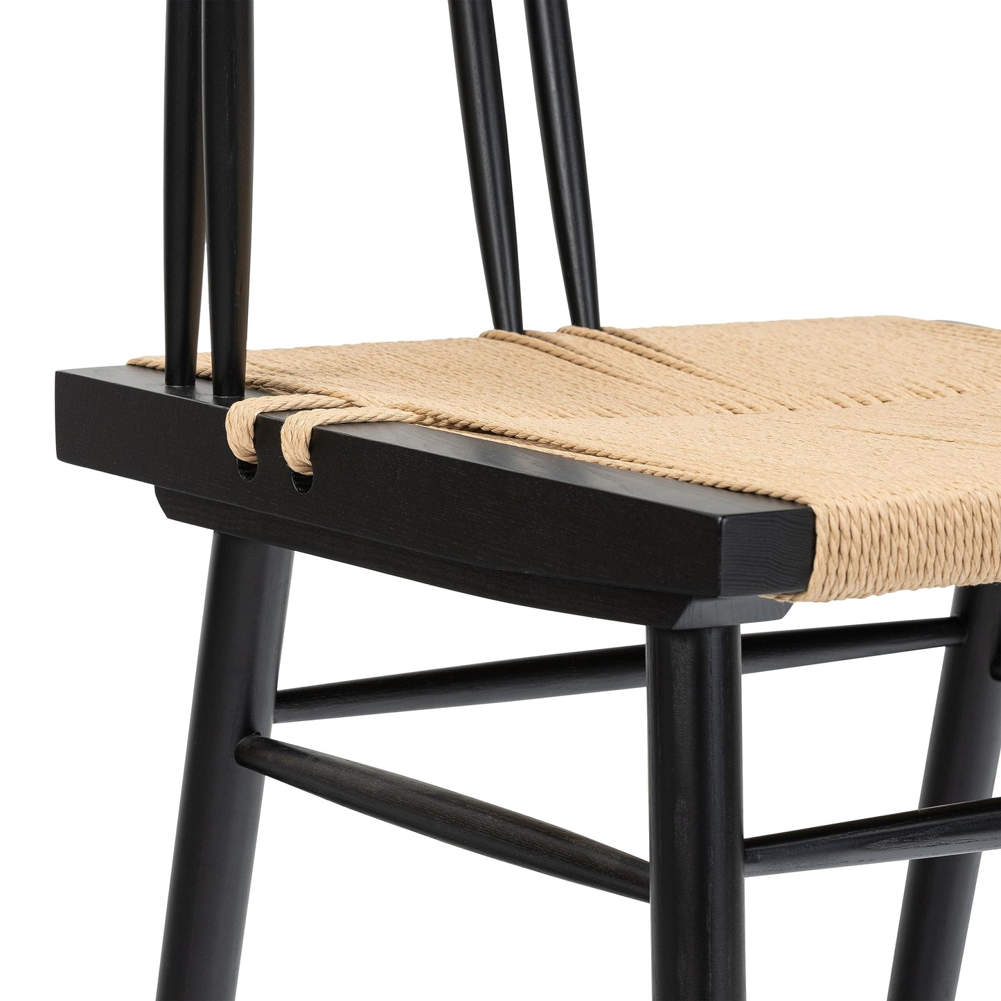 Poly & BARK Ferrara Dining Chair – 18” Seat Height, Solid Ash Wood Frame, Handwoven Hemp Cord Seat, Mid-Century Modern Design, Black Finish