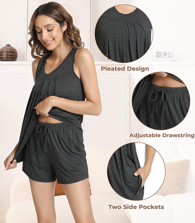 NACHILA Pajamas for Women-Viscose from Bamboo, Ribbed Racerback Tank Top Sexy Split Shorts Pajama Sets Cooling Sleep Cami Pjs