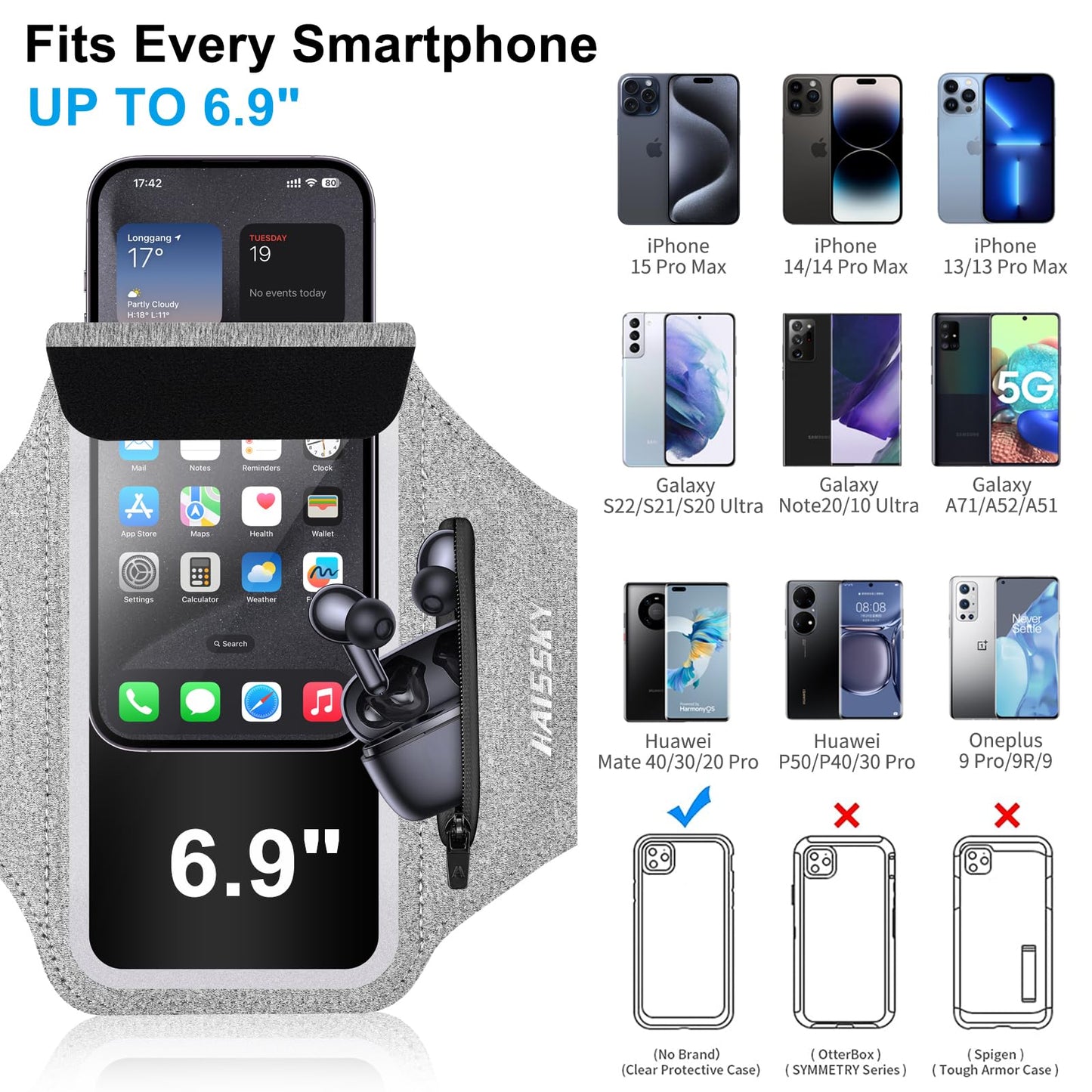 Cell Phone Running Armband With Earbuds Zipper Pocket Armband Case Running Holder For Iphone 16 Pro Max/15/14 Pro Max/13/12 /11