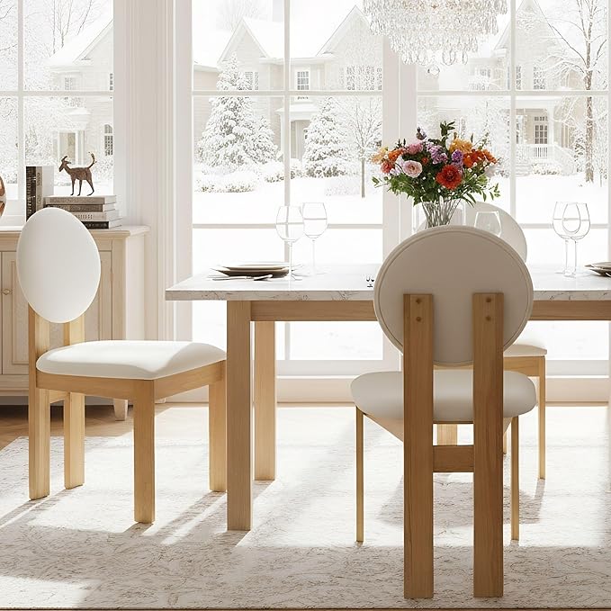 Wahson Modern Wood Dining Chairs Set of 2, Farmhouse Beige Linen Kitchen Chairs with Round Back and Wooden Legs, Mid-Century Armless Upholstered Accent Chairs for Dining Room/Living Room/Restaurant