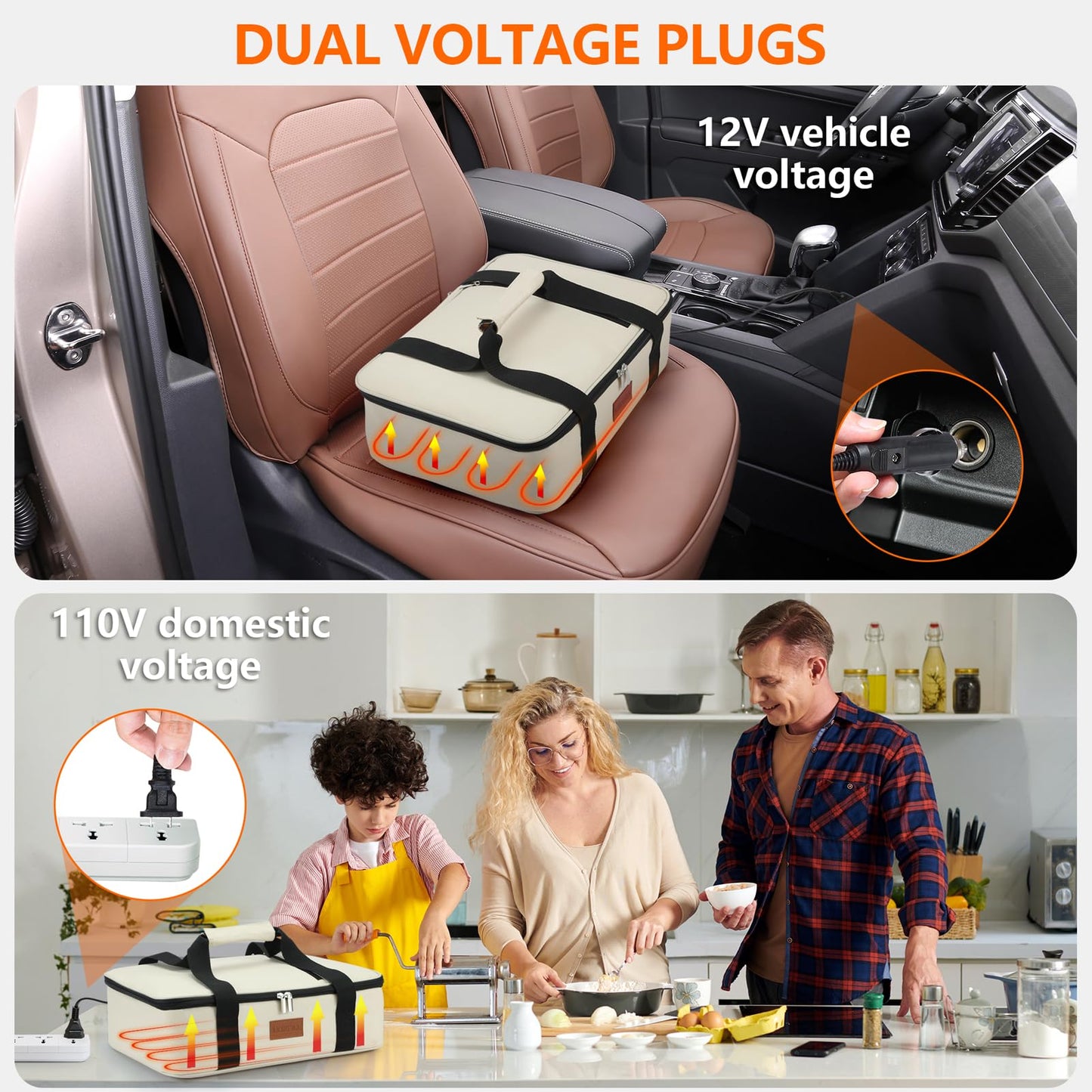 Food Warmer Electric Casserole Carrier - Large Heated Lunch Bag for Car Truck, 12V/24V/110V, Thermos for hot food for Potluck Cookouts Parties Picnic,Lasagna Lugger,Fits 9"x13" Baking Pan (Beige)