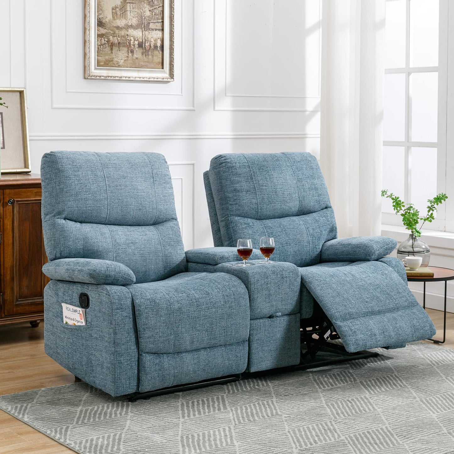 B BAIJIAWEI Double Reclining Loveseat - Fabric Home Theater Seating with Console - 2 Seater Manual Reclining Couch for Living Room, Office (Fabric- Blue)