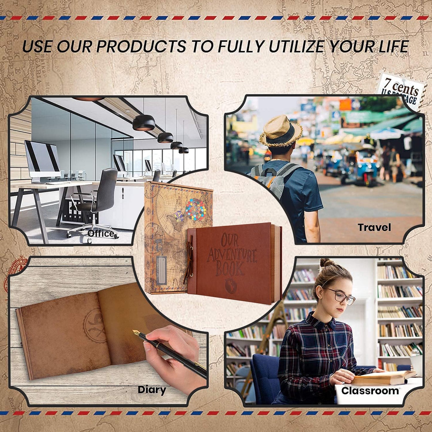 Our Adventure Book Scrapbook Photo Album,3D Embossed Words Leather Memory Book with 80 Pages for Couples Gifts,Anniversary Wedding,Valentine's Day