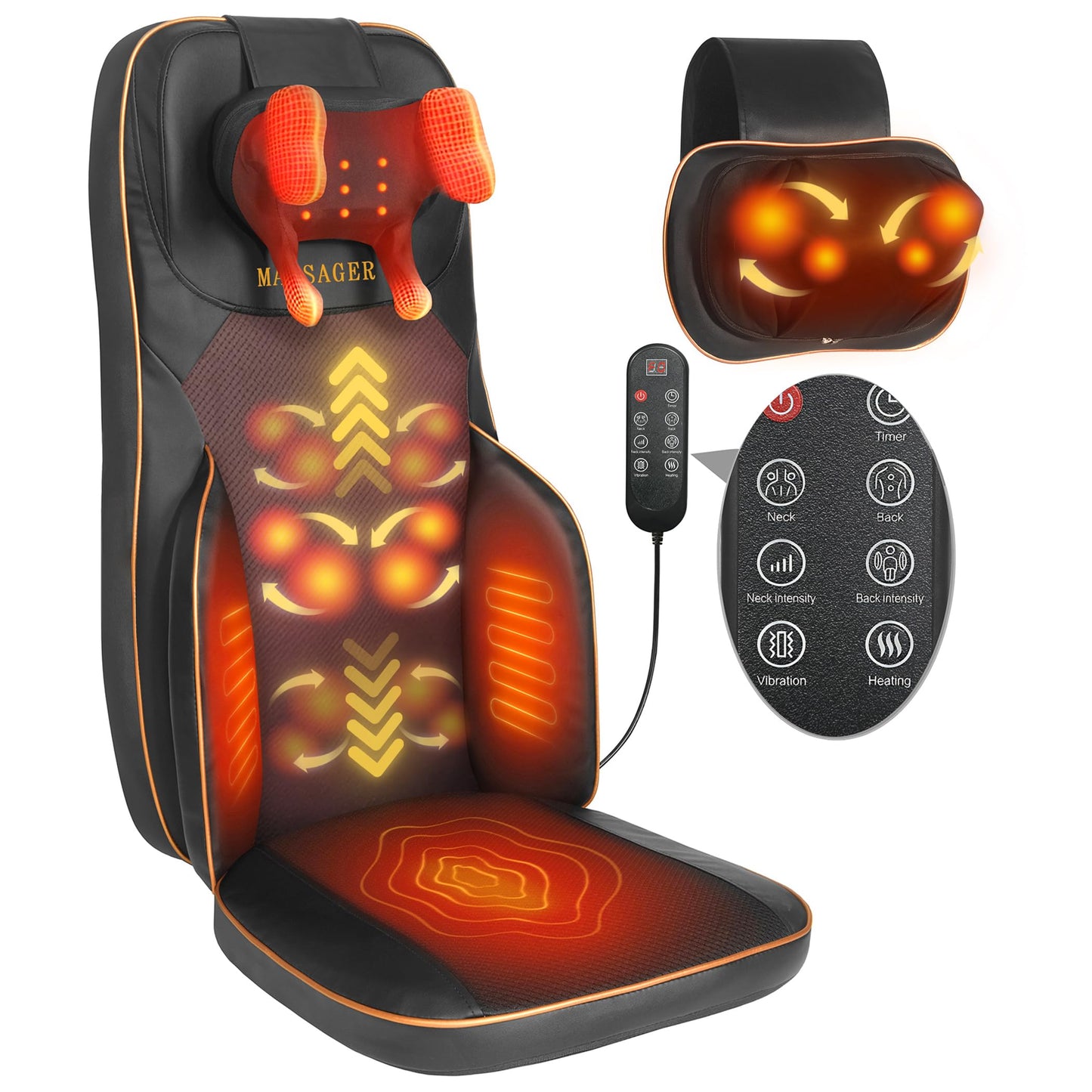 Shiatsu Neck Back Massager Chair Cushion w/heat - Full-Back Massage Cushion with Kneading, Rolling, Vibration- Adjustable Neck Height & Intensity - Heated Seat for Home & Office for Holiday Gift