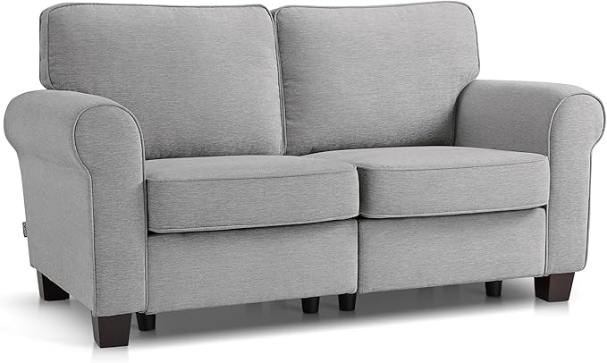MCombo 67.7" Loveseat Sofa, 2-Seater Small Couch for Small Spaces, Classic Rolled Arm Upholstered Sofa with Solid Wood Legs for Living Room, Removable Cover, Chenille Fabric VE730 (Light Grey)