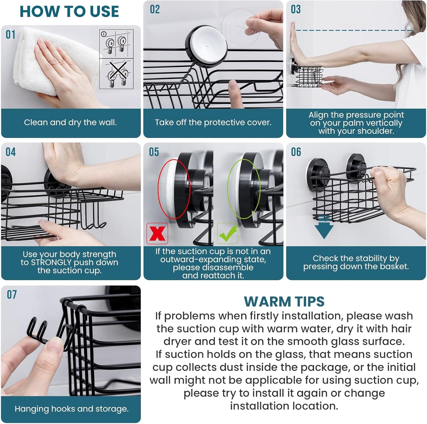 TAILI Shower Caddy Suction Cup 2 Pack with Hooks & Soap holder, Heavy Duty Shower Organizer for Bathroom, No Drilling Bathroom Organizer with Large Capacity, Black Metal Storage Basket