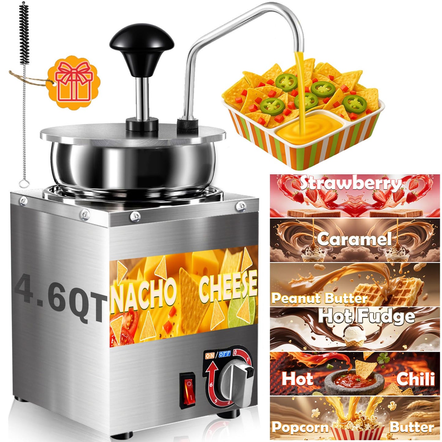 Nacho Cheese Dispenser, 4.6 Qt Nacho Cheese Warmer with Stainless Steel Pump, Hot Fudge Warmer with 6-Level Temperature Adjustment, Commercial Sauce Dispenser Machine for Butter Cheese Caramel Syrup