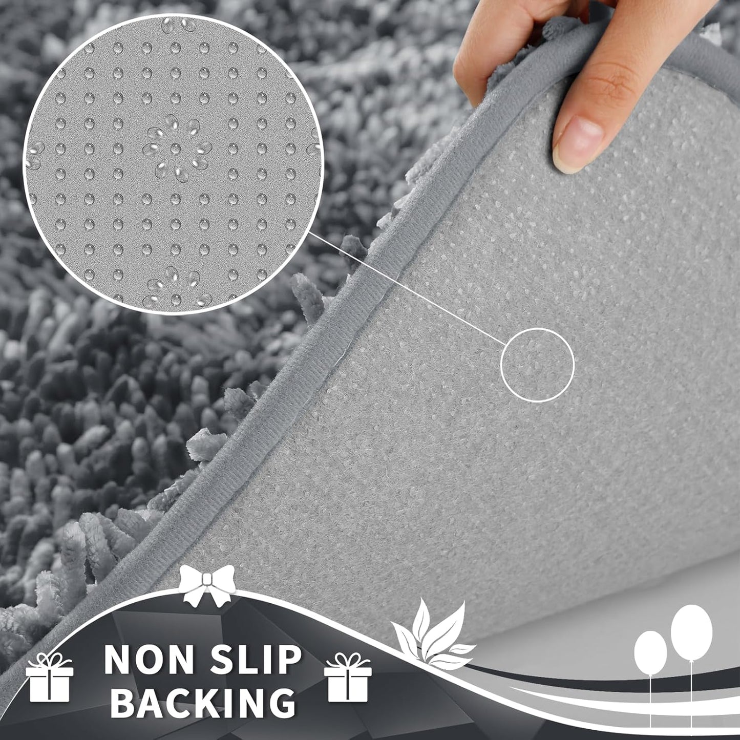 Yimobra Toilet Rugs U Shaped Washable, Extra Thick Soft Absorbent Chenille Contour Bathroom Rugs for Toilet 24x24 Inch, Quick Dry Non Slip Toilet Mat for Bath Floor, Silver