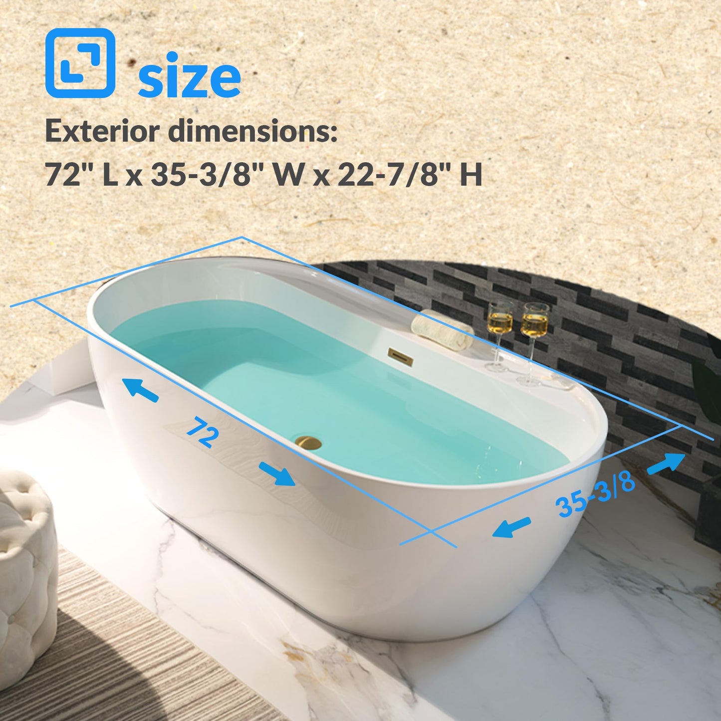 WOODBRIDGE 72" Acrylic Freestanding Bathtub Contemporary Soaking White Tub with Brushed Gold Overflow and Drain,B0059-BG