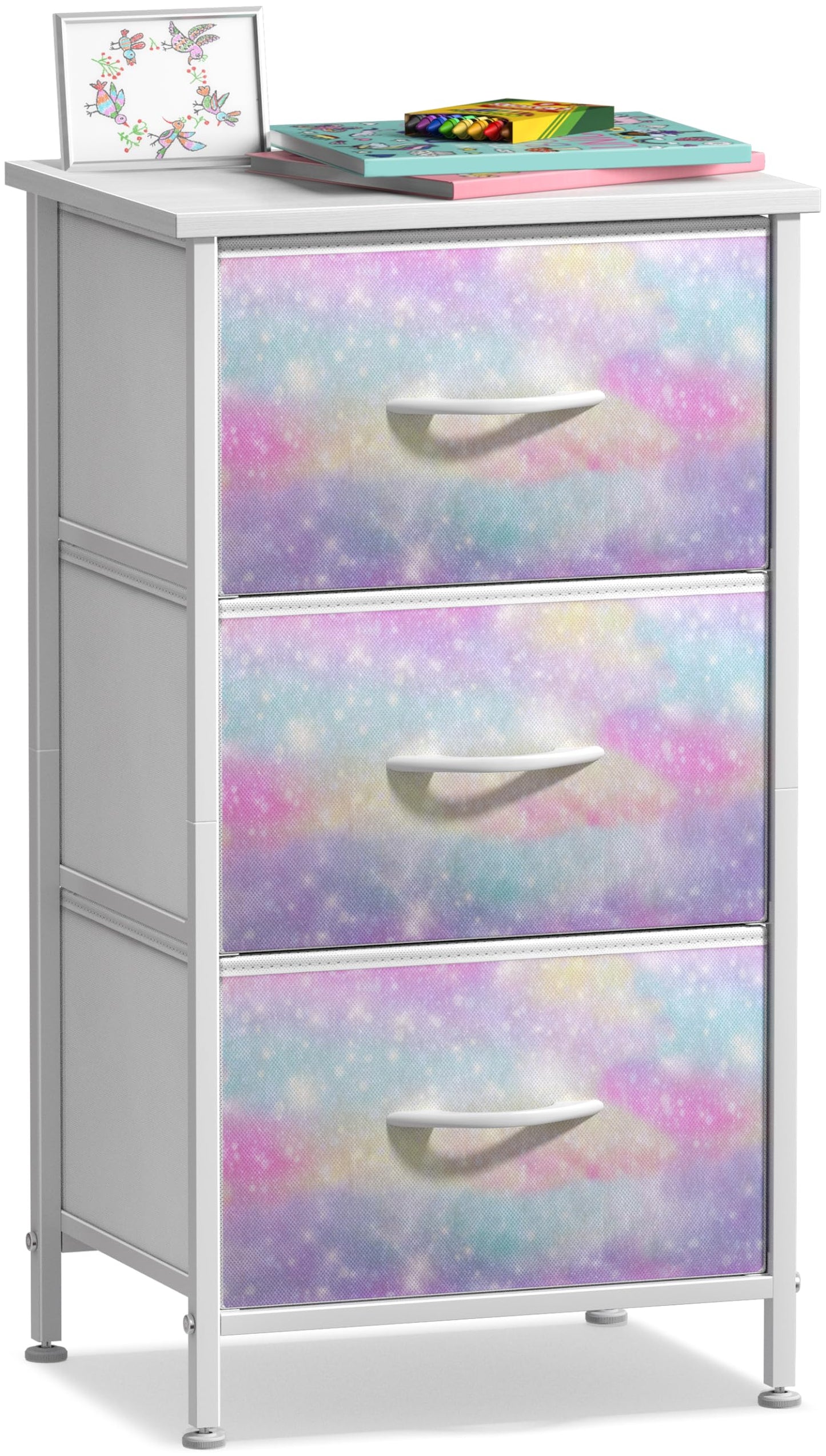Sorbus Kids Dresser with 3 Drawers - Storage Chest Organizer Nightstand - Steel Frame, Wood Top, Tie-Dye Fabric Bins for Clothes - Wide Furniture for Bedroom, Hallway, Nursery, Closet, & Apartment