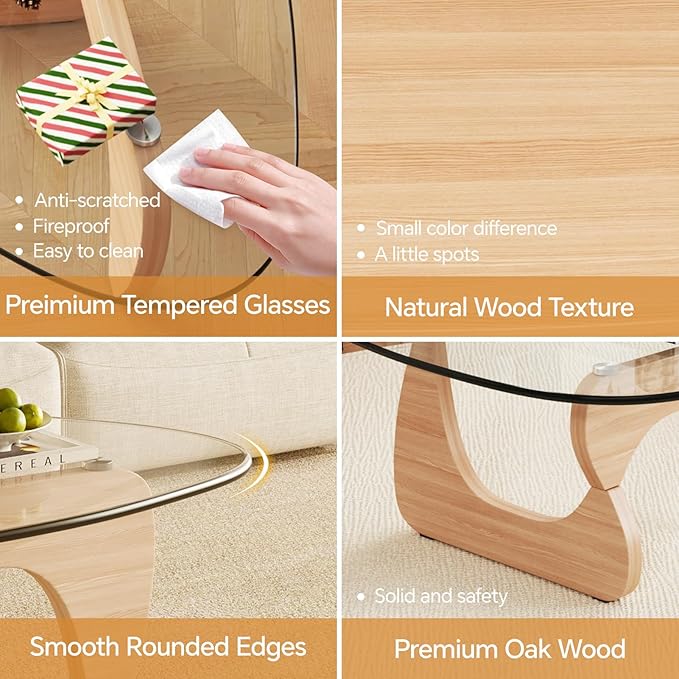 LUCKIIA Coffee Tables Glass Small Farmhouse Coffee Table Mid-Century Modern Wood Center Table for Living Room, Original Transparent, 45 Inch
