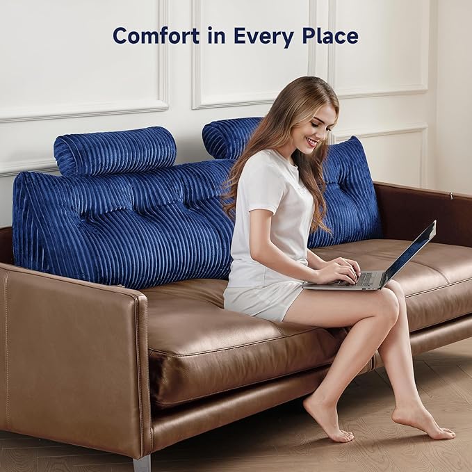 Z-hom Queen Wedge Headboard Pillow with 2 Roll Cushions, Large Reading Pillow for Bed Sitting Up, Triangular Backrest Cushion for Headboard, Ergonomic Support Pillow for Back Pain Relief, Blue