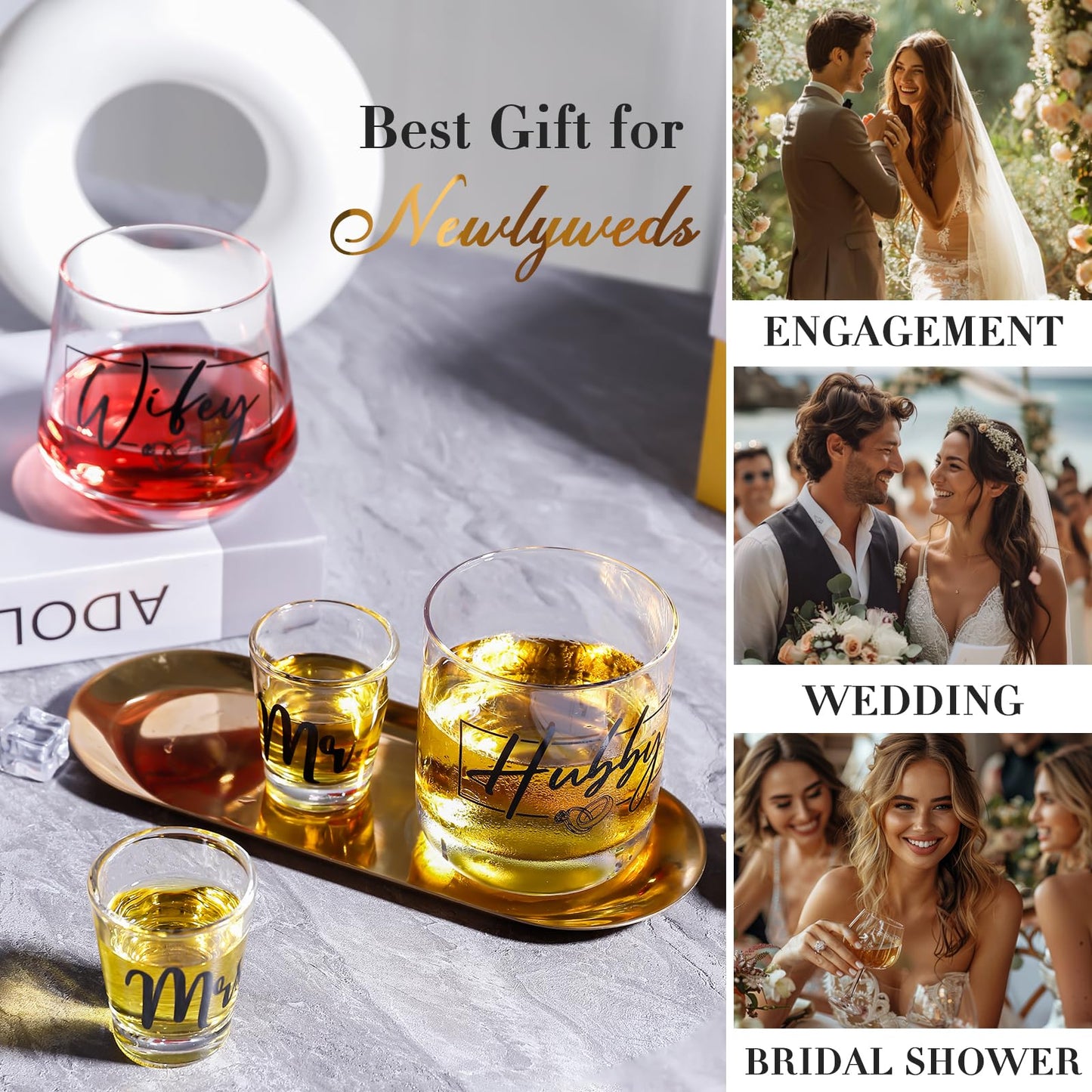JOVGANK Wedding Gifts for Couples 2025, Bridal Shower Gifts, His and Hers Glass, Mr and Mrs Glass, Drinking Glasses Set, Hubby and Wifey Gift, Couples Gift for Bride and Groom