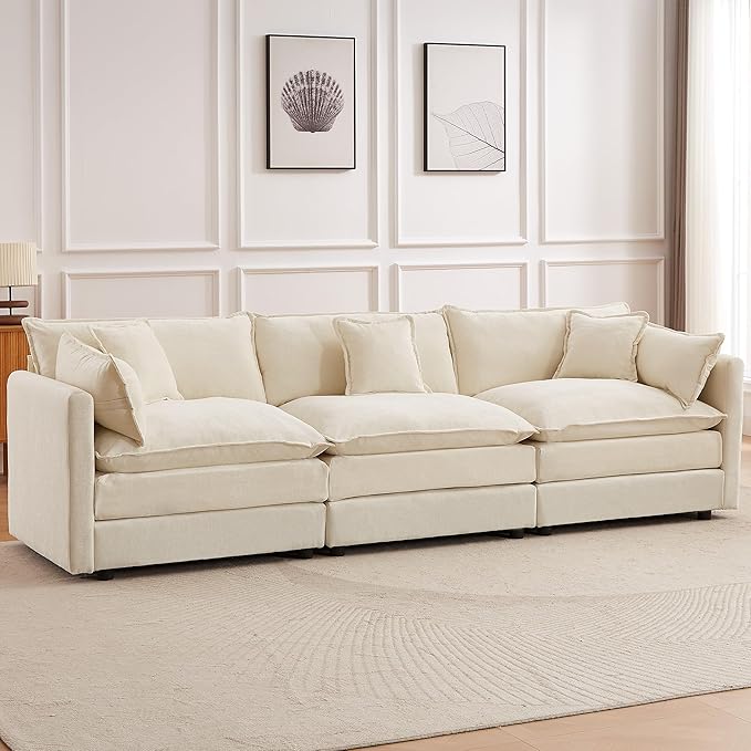 saows Modular Sectional Sofa, 112.2 Inch Rectangle Shaped Couch Set with Armrests, 3-Seater Comfy Cloud Couches for Living Room Apartment, Beige