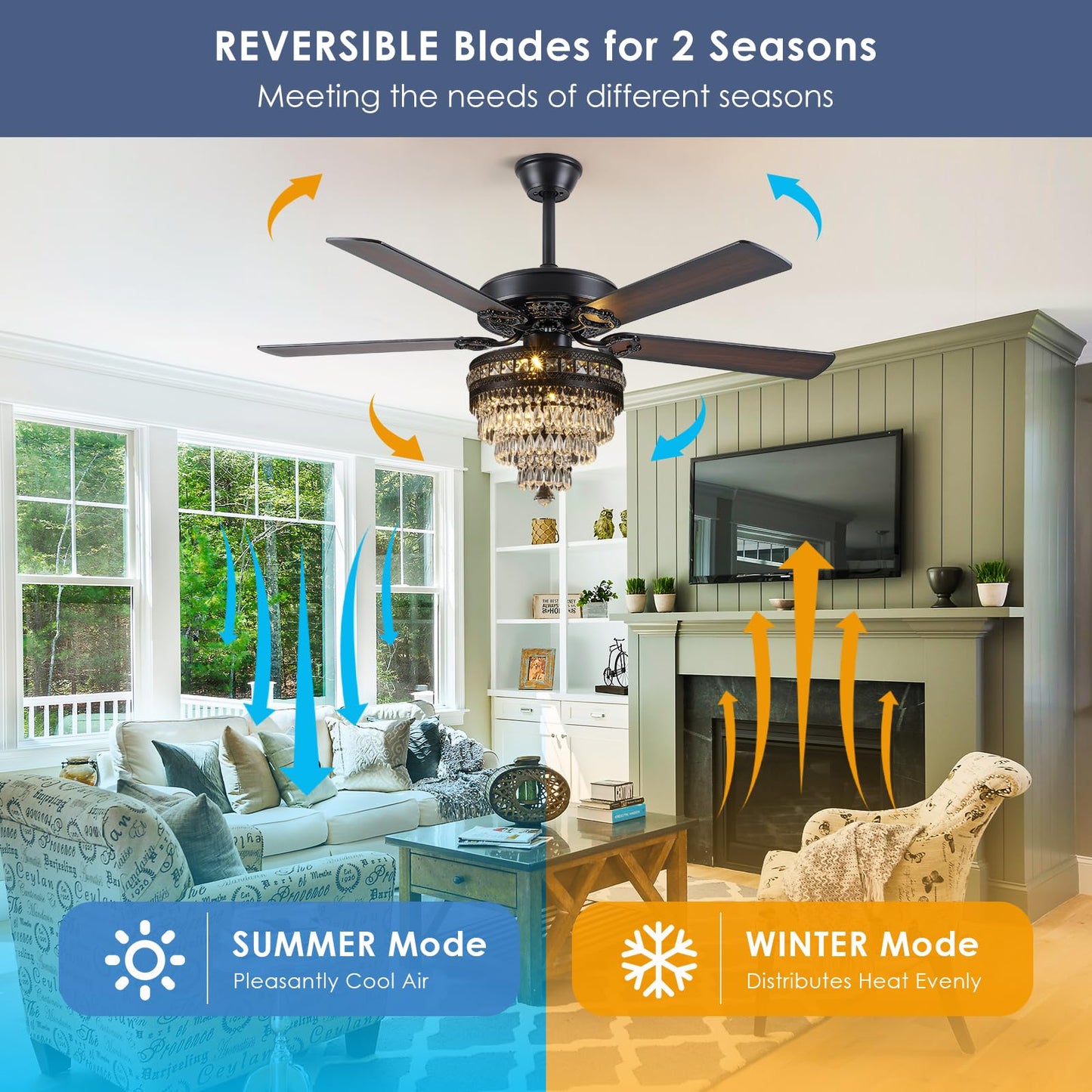 Asyko Crystal Ceiling Fan Fandelier with Lights - Modern Black Chandelier Fans with Remote Control，Noiseless AC Motor, Retro/Farmhouse Lighting, Dining Room， Living Room (52"