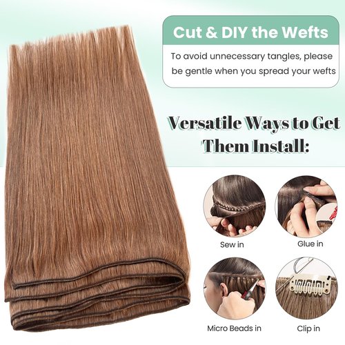 Auburn Brown Long Straight Real Human Hair Weft Hair Extensions Sew in, 22 Inch 120G Hand Tied Sew in Hair Extensions Human Hair Full Head Auburn Brown Weft Human Hair Bundles for Women