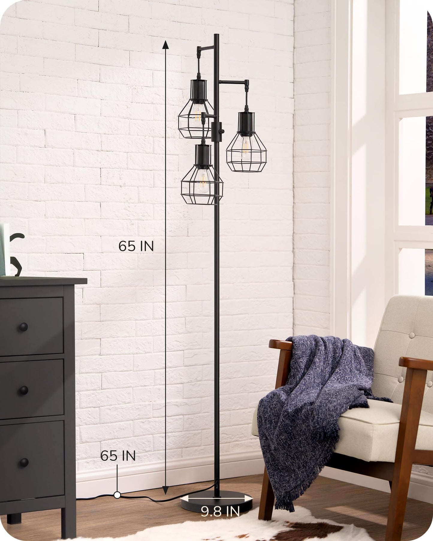 EDISHINE Dimmable Farmhouse Floor Lamp, Industrial Standing Lamp for Living Room, 3 LED Edison Bulbs Included, Black Corner Rustic Tall Tree Reading Lamps Home Decor for Bedroom, Office