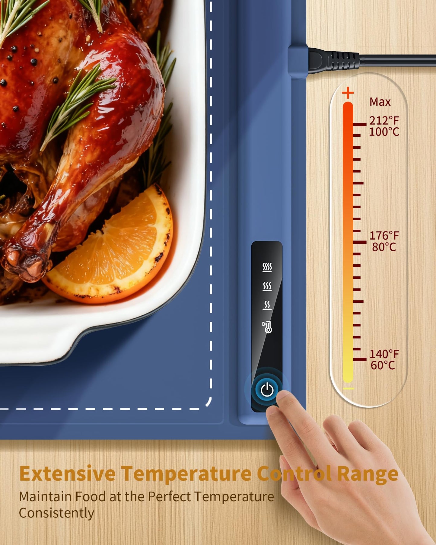 Food Warming Mat - Fast & Full Surface Heating, Silicone Heat Pad with 3 Adjustable Temperature for Buffets Parties, Rollable Electric Warming Tray,Kitchen Heated Plate,Countertop Food Warmer(Blue)