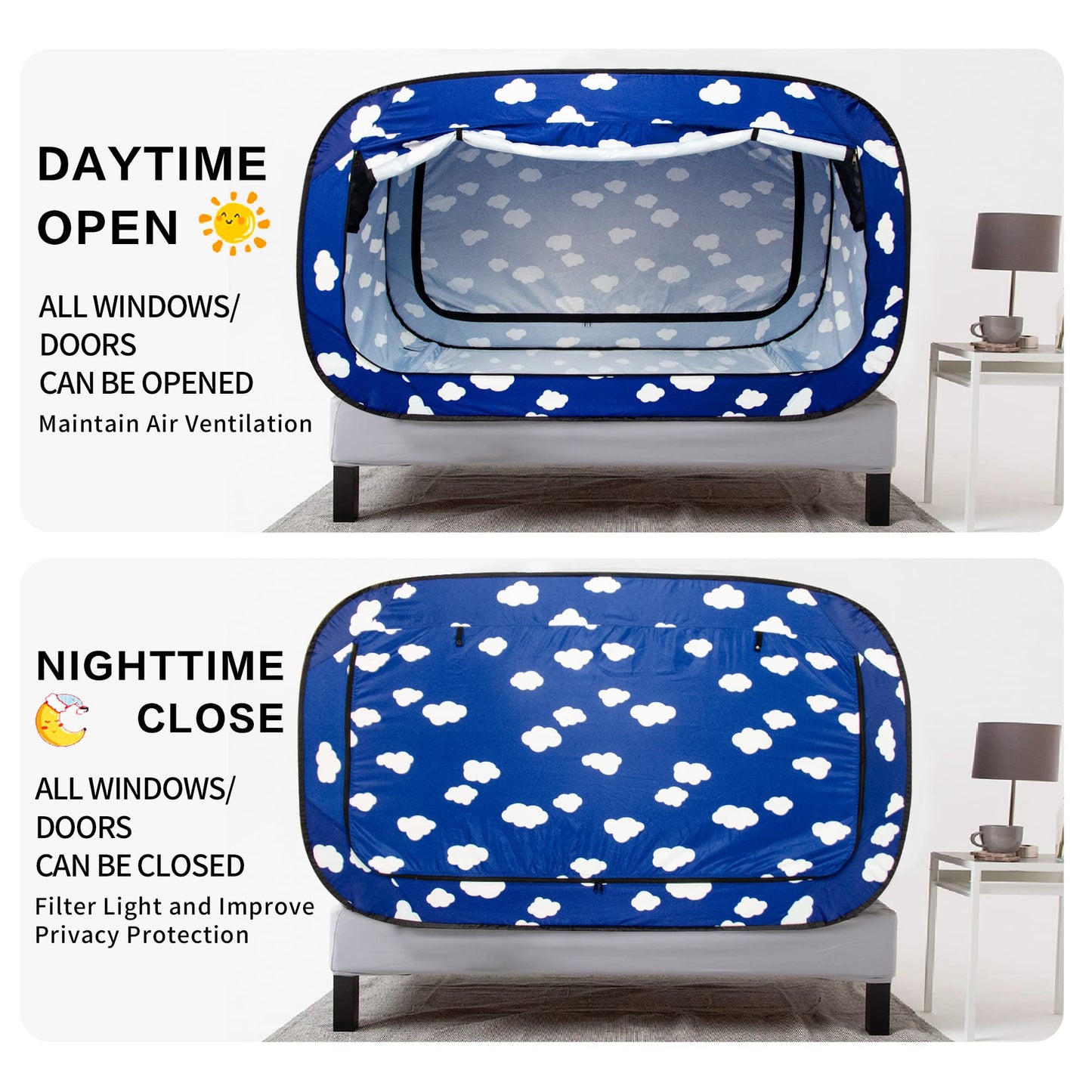 ANC POP Bed Tent Twin Bed Canopy Tents Portable Dream Tent for Kids and Adult Indoor Sleeping Tents with 2 Doors Breathable Private Space Tents, Cloud