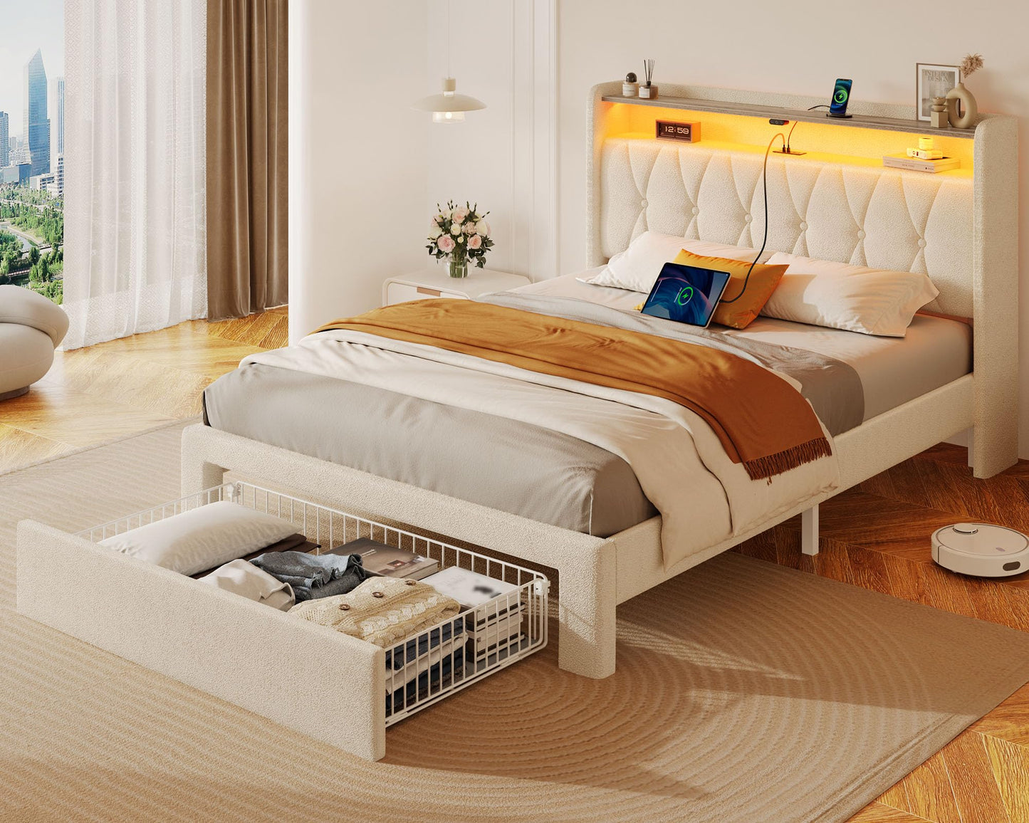 Rolanstar Twin Bed Frame with Drawer, Storage Headboard with Charging Station and LED Lights, Upholstered Bed with Heavy Duty Wood Slats, No Box Spring Needed, Noise Free, Easy Assembly, Beige