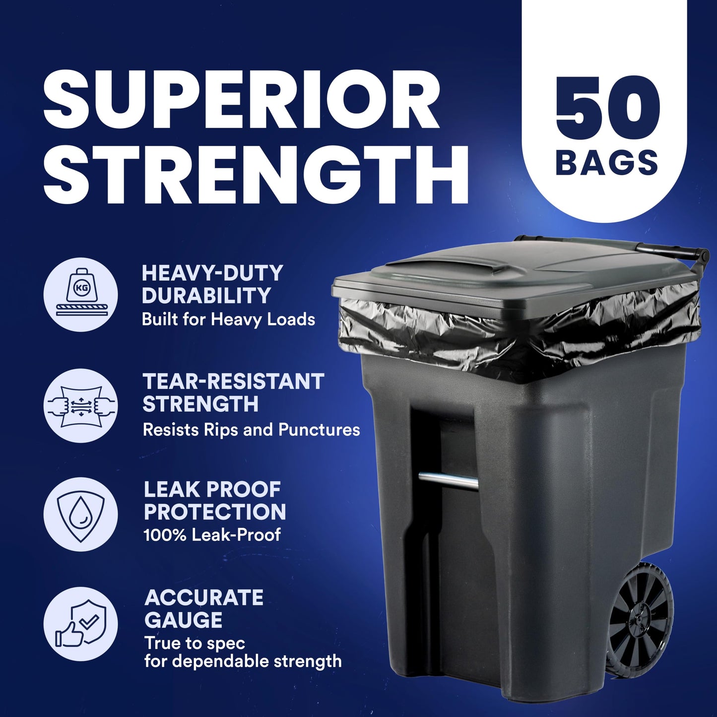 Plasticplace 95-96 Gallon Heavy Duty Trash Bags, Garbage Bags, Puncture-Resistant, Fits Rollaway Cans & Drums, Durable Large Plastic Bags (50 Count)