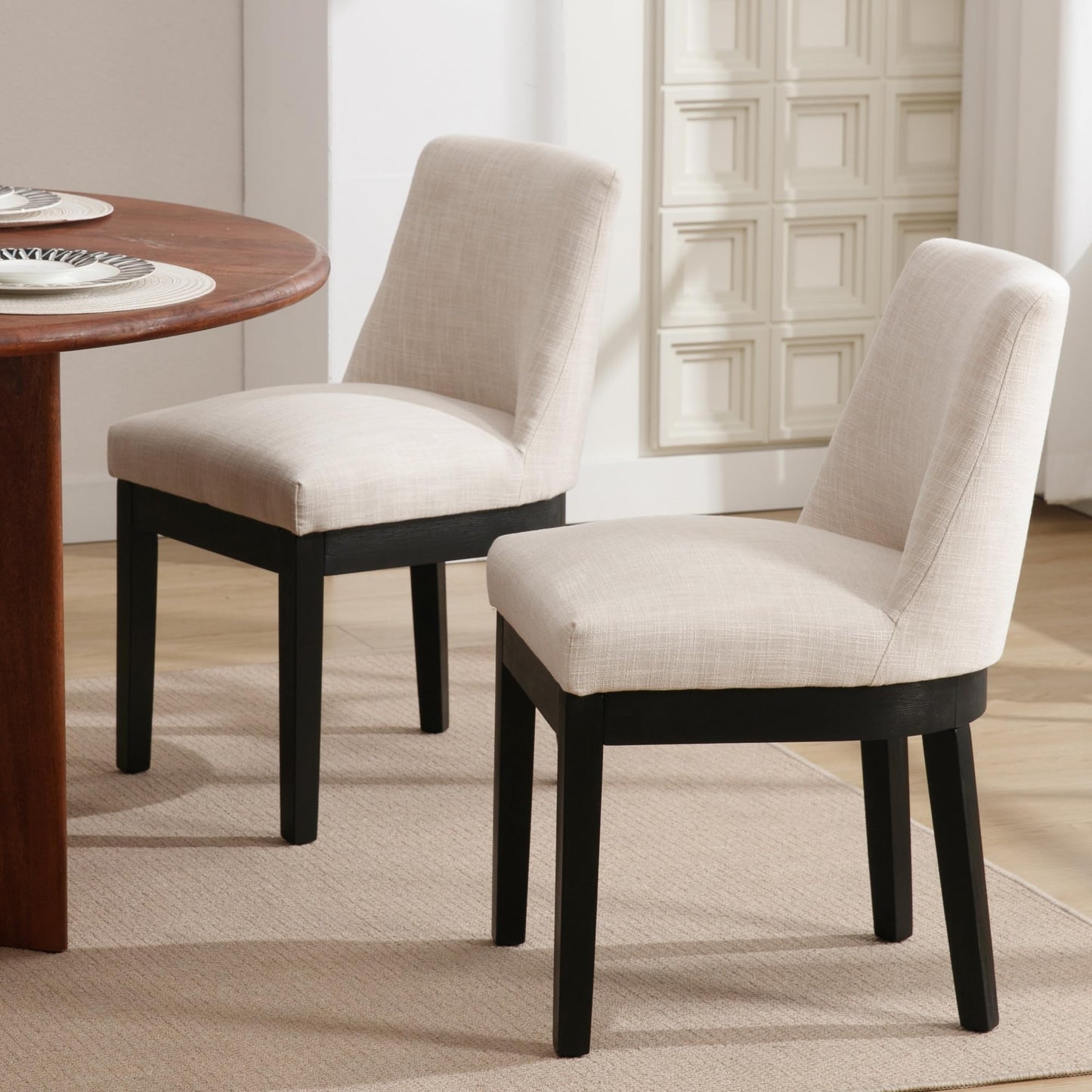 BESTANO Modern Dining Chairs with Black Wood Legs Set of 2, Linen Fabric Upholstered Dining Room Chairs Kitchen Side Chairs with Back, Beige