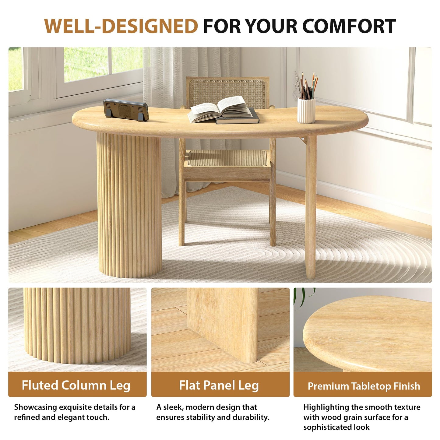 LEVNARY 54.3" Curved Small Computer Desk, Wooden Executive Desk with Sturdy Fluted Legs, Modern Luxury Corner Single Writing Vanity Desk for Bedroom Living Room Home Office (Natural)