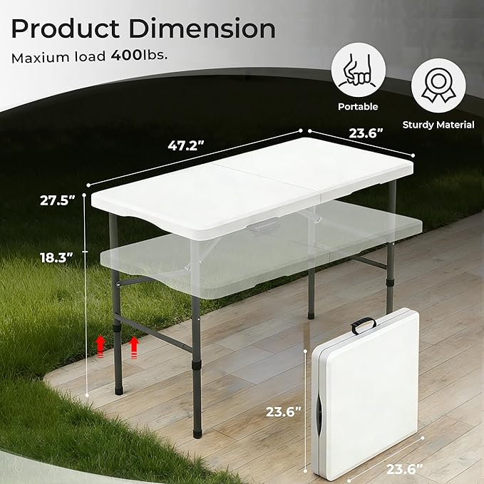 RootRise Folding Table Adjustable Height Portable Folding Tables Heavy Duty 400 lbs Capacity, Wood Grain Tabletop for Working Meeting Parties, Picnic, Camping, Weddings, Garden Dining (4FT-White)