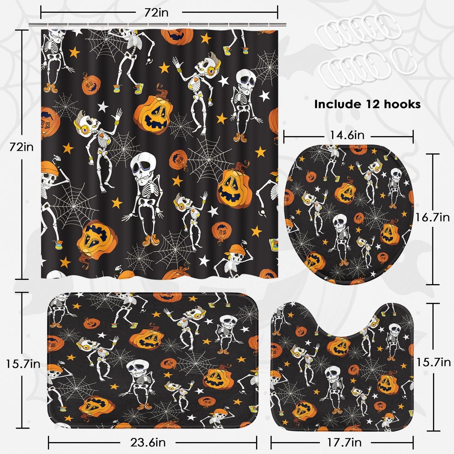 Tayney Haloween Pumpkins Shower Curtain Set with Toilet Lid Cover and Non-Slip Rugs, Dancing Halloween Skeletons and Pumpkins 4 Pcs Shower Curtains for Bathroom, Holiday Funny Bathroom Decor
